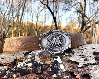 SOLID Leather belt with Bull head buckle. Western cowboy style.