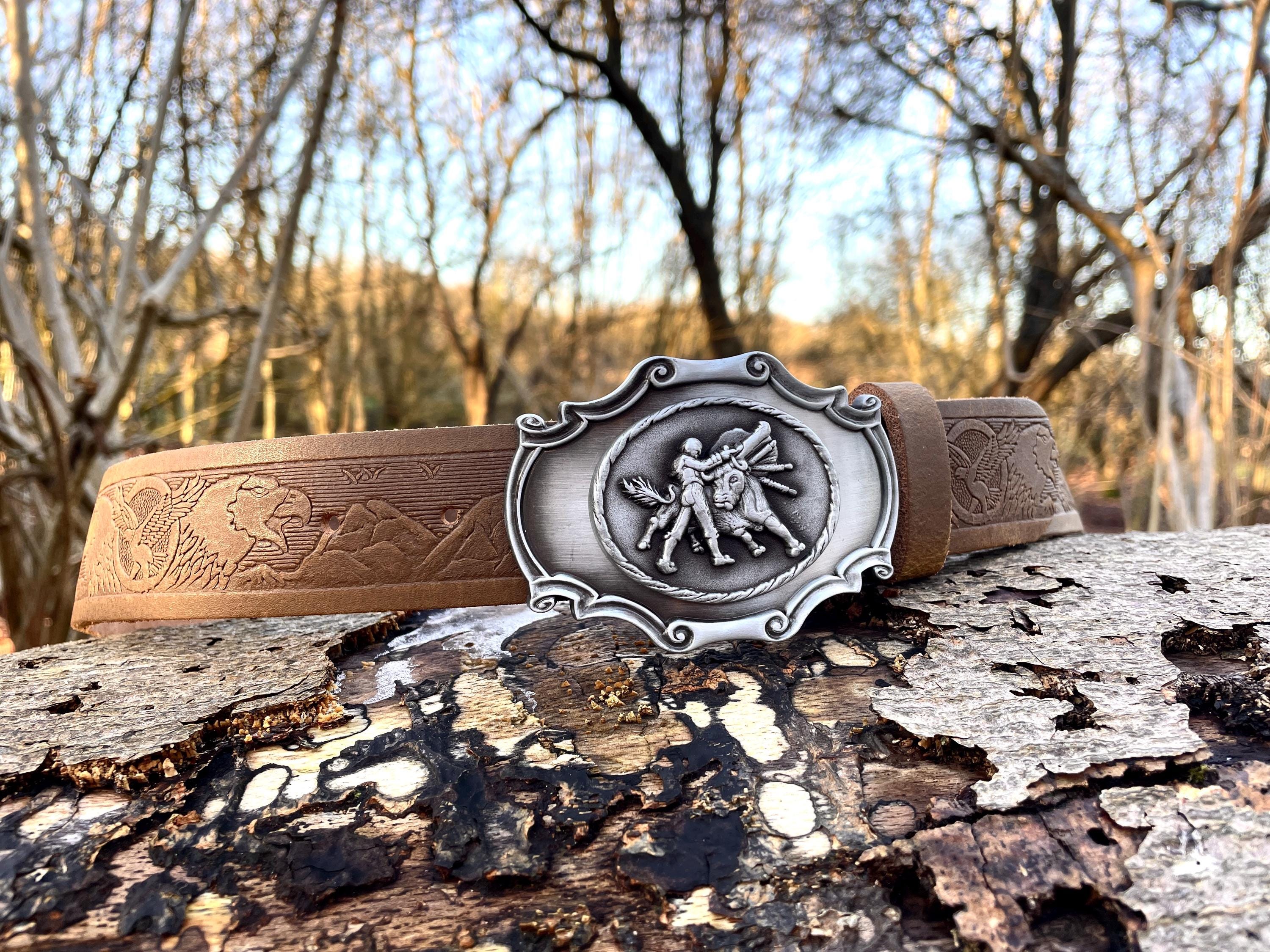 Western Cowboy Belt with Bull Head Buckle, Split Leather Men main image 2