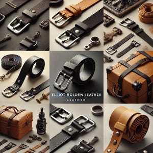 May include: A collection of leather belts in various colors and styles, including black, brown, and tan. The belts are made of high-quality leather and feature different buckle designs. The image also includes a vintage suitcase with leather straps and a small bottle of liquid.