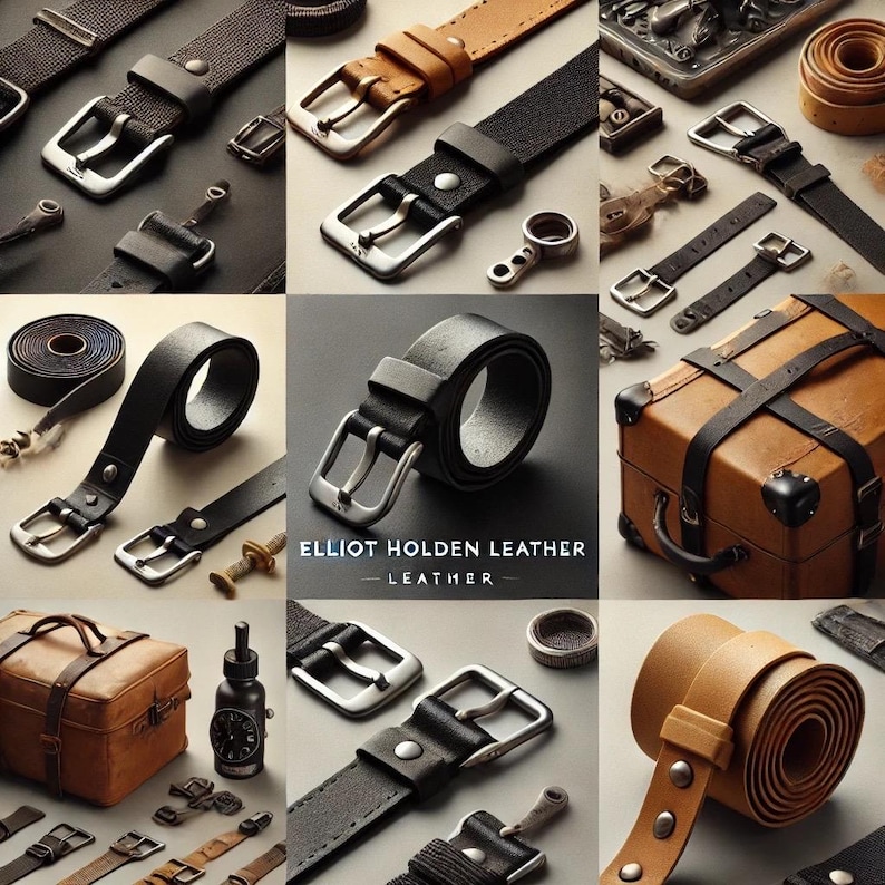 May include: A collection of leather belts in various colors and styles, including black, brown, and tan. The belts are made of high-quality leather and feature different buckle designs. The image also includes a vintage suitcase with leather straps and a small bottle of liquid.