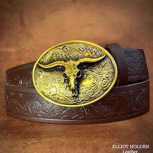 SOLID Leather belt with Bull head buckle. Western cowboy style.