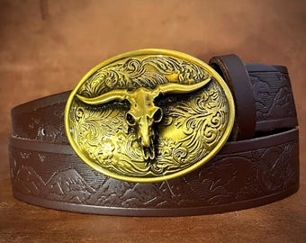 SOLID Leather belt with Bull head buckle. Western cowboy style.
