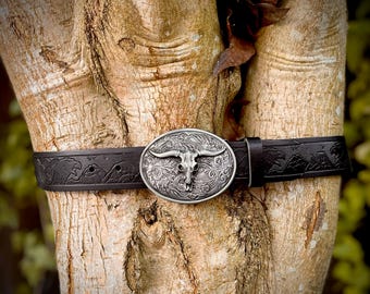 SOLID Leather Belt With Bull Head Buckle. Western Cowboy  display picture 3