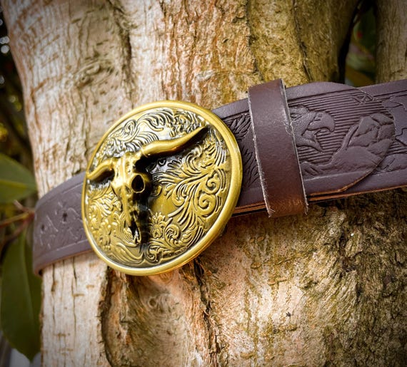 SOLID Leather Belt With Bull Head Buckle. Western Cowboy Style. - Etsy