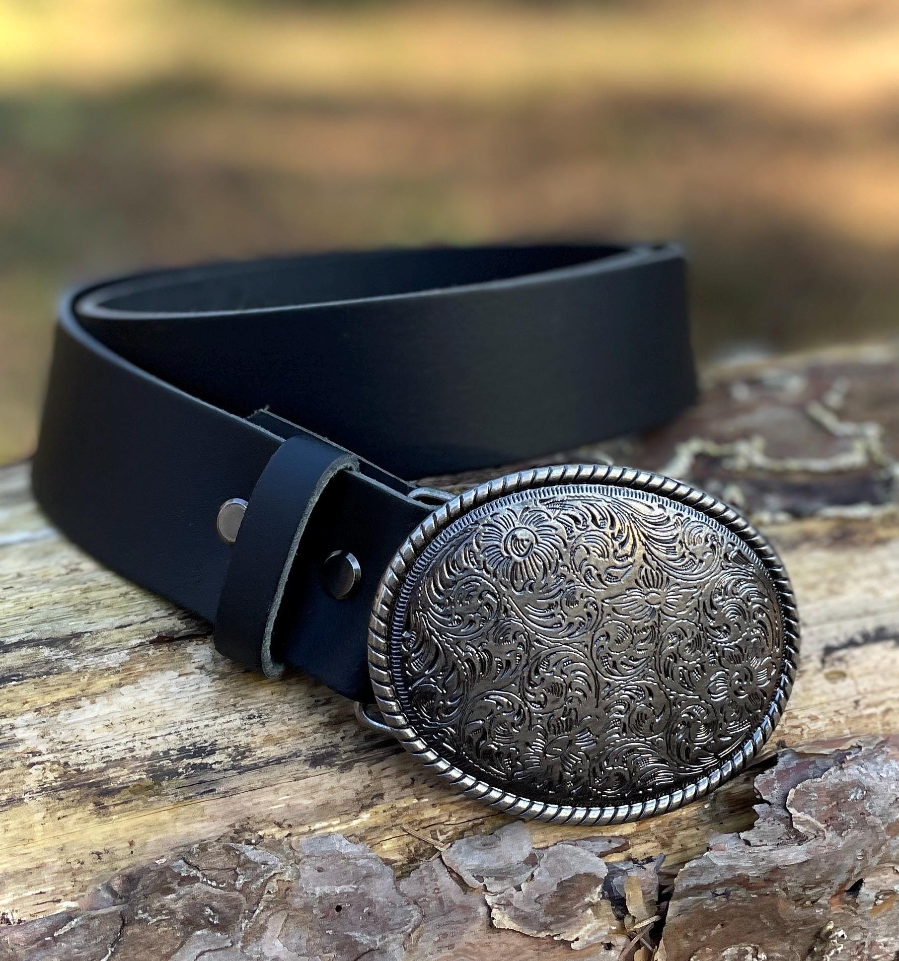 SOLID Leather Belt With Antique Buckle. Western Cowboy Style 