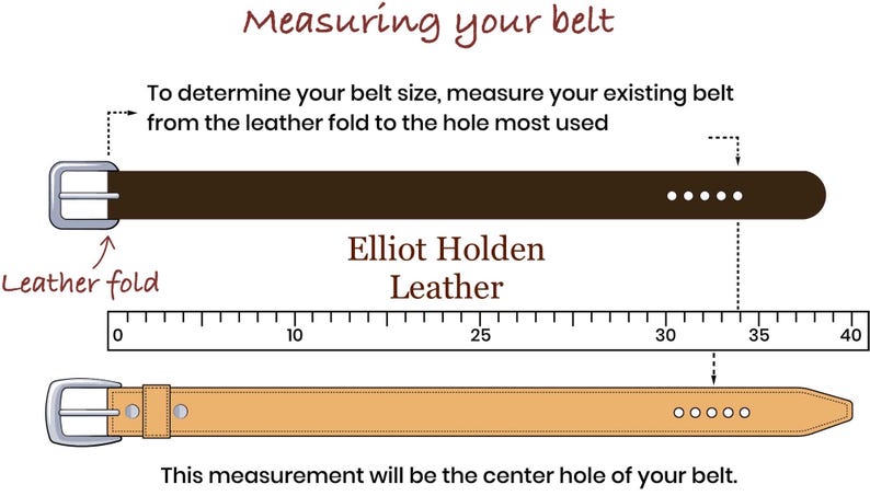 May include: An instructional graphic titled Measuring your belt showing a dark brown belt and a light tan belt with a silver buckle. A ruler is positioned between the belts. Text includes Elliot Holden Leather and instructions on measuring from the leather fold to the hole most used, noting this measurement will be the center hole of your belt.