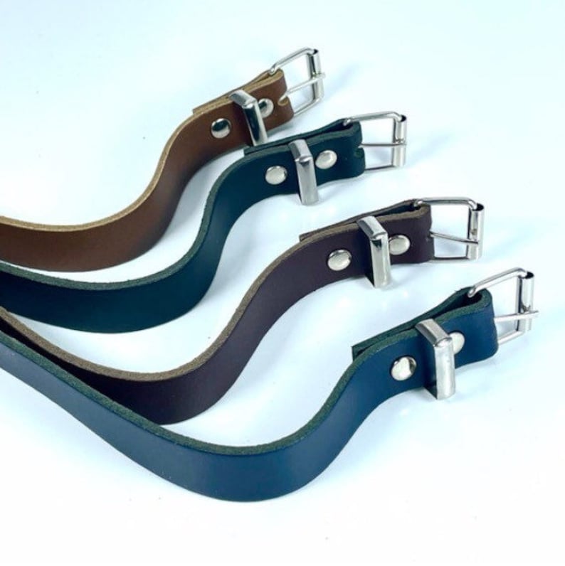 May include: Four leather dog collars in different colors: brown, dark green, brown, and dark blue. Each collar has a silver buckle and a silver rivet.