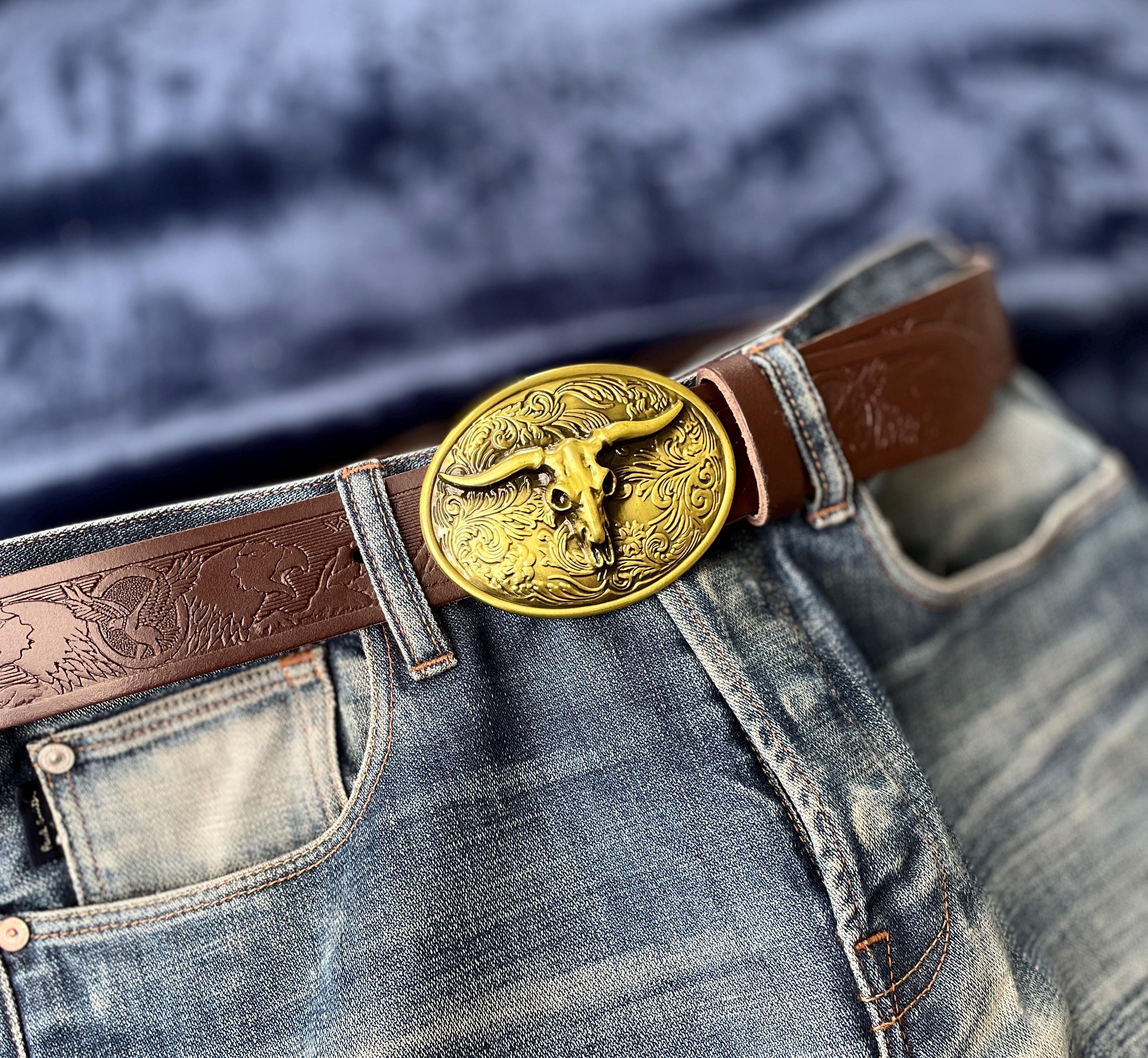 Western Cowboy Leather Belt with Bull Buckle for Jeans Size 30-44 SANSTHS Western Cowboy Belts for Men Women, Mens Western  main image 2