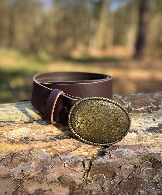 SOLID Leather belt with antique buckle. Western cowboy style, oval rodeo buckle.