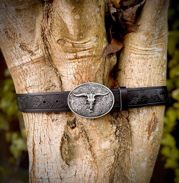 Solid Leather Belt With Bull Head Buckle. PERSONALISED  display picture 3