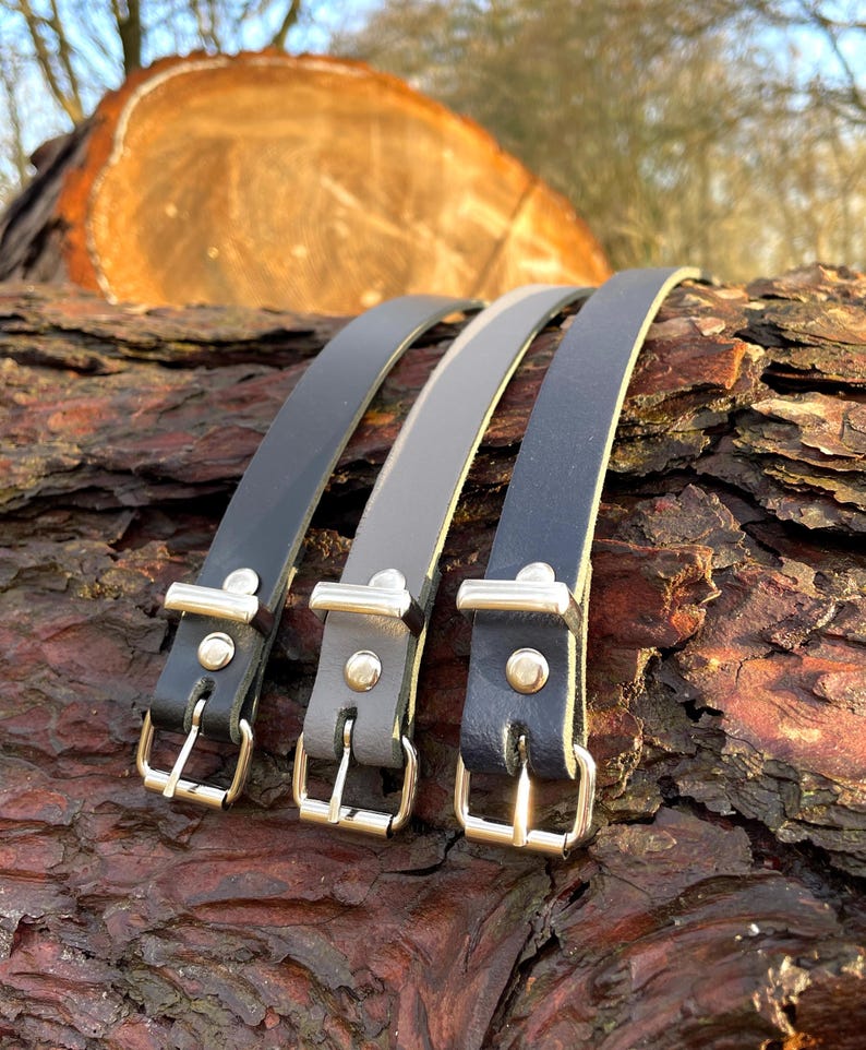 May include: Three leather belts with silver buckles. The belts are arranged in a row, with the black belt on the right, the gray belt in the middle, and the brown belt on the left.