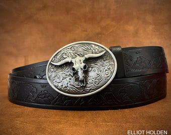 Solid Leather belt with Bull head buckle. PERSONALISED Western cowboy style.