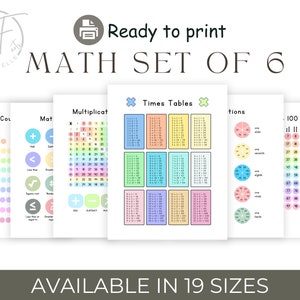 May include: A set of six printable math charts for kids. The charts include counting, addition, subtraction, multiplication, times tables, and fractions. The charts are colorful and easy to read.