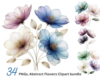 34 abstrakte Blumen Clipart, getrocknete Blumen, Blumen drucken, druckbare Aquarell Clipart, hochwertige PNGs, digitaler Download, Papiermodell
