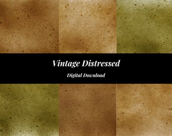 Może przedstawiać: Dziewięć cyfrowych tekstur papieru w odcieniach brązu i zieleni. Tekstury mają zużyty, vintage wygląd. Tekst "Vintage Distressed" i "Digital Download" jest wyświetlany na czarnym banerze.