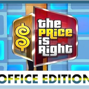 May include: The Price is Right Office Edition logo on a blue background. The logo features a gold dollar sign and the show's name in yellow and white text on a red background. The words "OFFICE EDITION" are at the bottom.