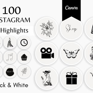 100 Black & White Neutral Instagram Highlights Covers Canva Templates - Minimal, Elegant Canva Graphics -Social Media Icons for Shops