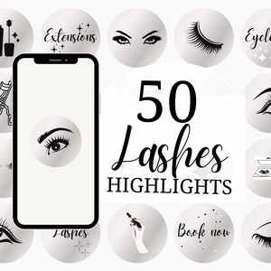 50 Lashes Instagram Highlights Covers - Profile Icons for Lash Tech, Eyelashes Canva Templates - Lashes Extensions Artist Black Grey Icon
