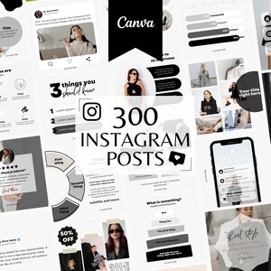 Può includere: Una collezione di 300 modelli di post di Instagram in bianco e nero con accenti grigi. I modelli presentano vari layout, tra cui caselle di testo, immagini e icone. Il testo "300 post di Instagram" è visualizzato in grassetto nero con un'icona a forma di cuore.