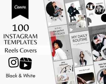 May include: A set of 100 black and white Instagram reel covers with various designs. The designs include text such as "My Daily Routine", "New You", "New Styles", "Inspiration", "Every Day is a Gift", and "New Items That You".