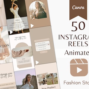 Op de afbeelding: Een verzameling van 50 geanimeerde Instagram Reels voor een modewinkel. De Reels tonen verschillende ontwerpen, waaronder een vrouw in een witte jurk, een vrouw in een bruine trui en een vrouw in een wit shirt. De Reels bevatten ook tekstoverlays met titels zoals "Nieuwe collectie" en "3 dingen die je moet weten".