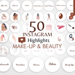 Puede incluir: Un conjunto de 50 cubiertas de destacados de Instagram para maquillaje y belleza. Las cubiertas presentan varios iconos e ilustraciones relacionados con el maquillaje, el cuidado de la piel y la belleza, como pestañas, labios, pinceles y paletas de maquillaje. El texto "50 INSTAGRAM Highlights MAKE-UP & BEAUTY" se muestra en el centro de la imagen.
