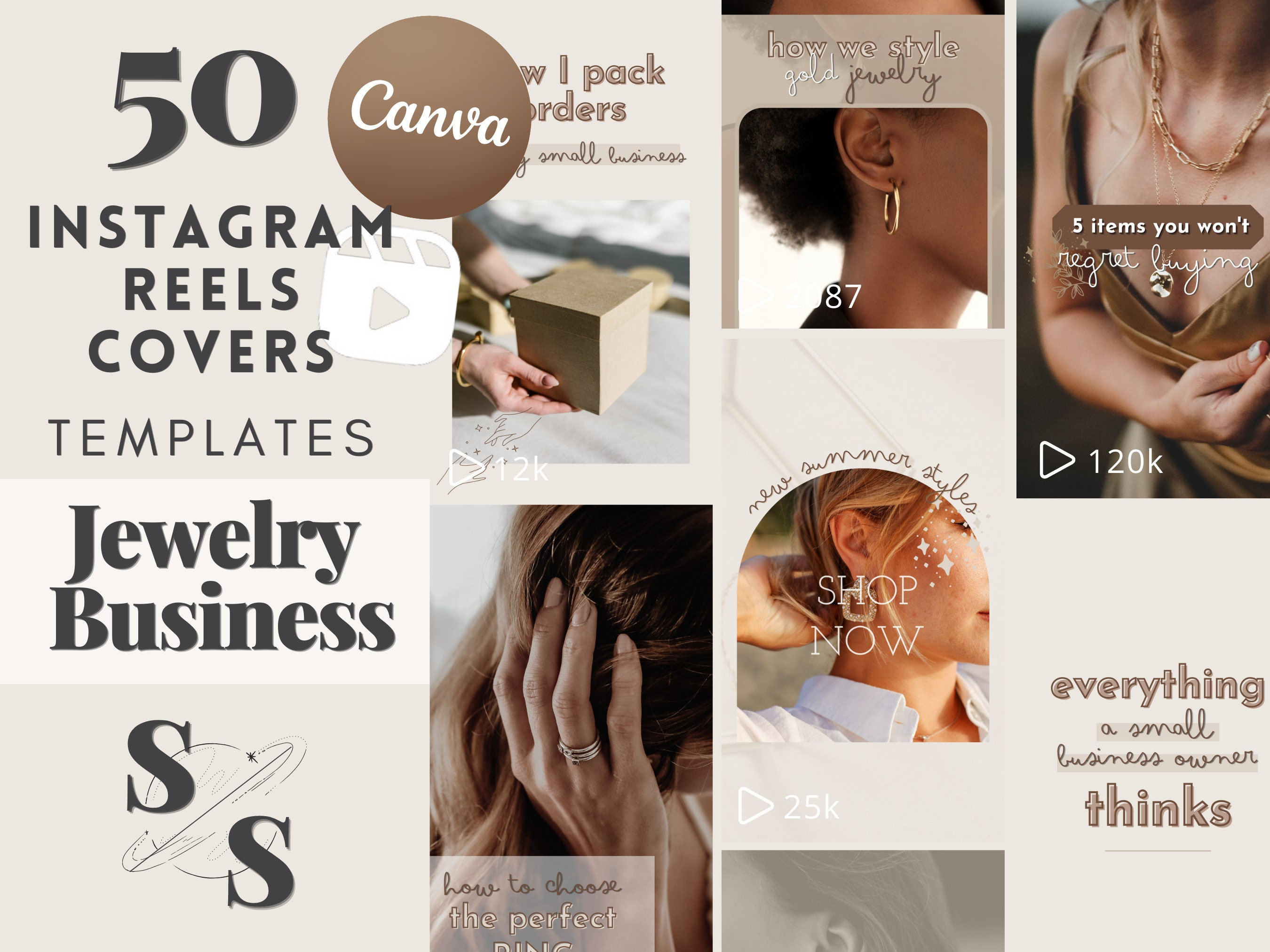 50 Jewelry Instagram Reels Covers Templates for Business Shop Neutral