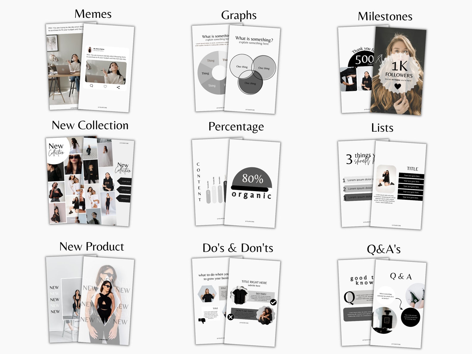 300 Black & White Instagram Story Business Templates Minimal, Elegant Stories Canva Graphics