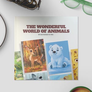 May include: A children's book titled "The Wonderful World of Animals" with illustrations of a deer, polar bear, and giraffe. The book cover is white with brown text and the subtitle "30 Cute Animals for Kids."