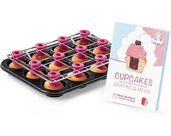 Deluxe Set - CUCAP Muffinform für 12 Muffins, Zentrierhilfe, 12x CUCAP Silikon-Backförmchen und Backbuch für gefüllte Cupcakes