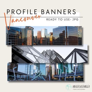 Könnte beinhalten: Drei verschiedene Profilbanner-Bilder mit der Skyline von Vancouver. Das erste Bild zeigt eine Stadtlandschaft mit modernen Wolkenkratzern. Das zweite Bild zeigt eine Nahaufnahme eines modernen Gebäudes mit geometrischem Design. Das dritte Bild zeigt eine Straßenansicht der Stadt mit einer Brücke im Hintergrund.