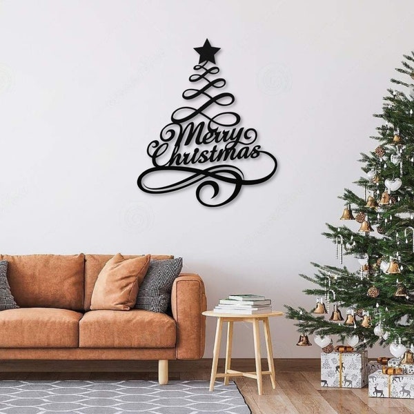Merry Christmas Swirling Christmas Tree Metal Wall Decor | Metal Wall Art | Christmas Wall Decor or Christmas Yard Art