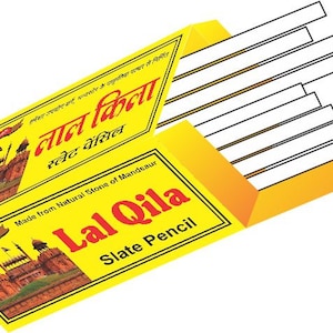 May include: A yellow box of Lal Qila slate pencils, with the brand name and product description in English and Hindi. The box features an illustration of a building and contains several white slate pencils.