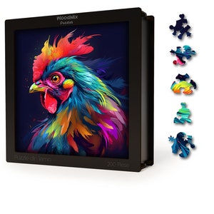 Eco-Friendly Wooden Jigsaw Puzzle with 200 Unique Pieces - Colorful Rooster - Perfect Brain Exercise for All Ages, Great Gift Idea