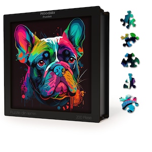 Eco-Friendly Wooden Jigsaw Puzzle with 200 Unique Pieces - Colorful French Bulldog - Perfect Brain Exercise for All Ages, Great Gift Idea