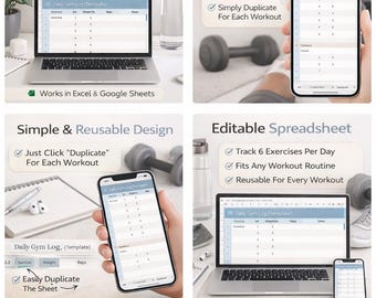 Registro di palestra per principianti: semplice foglio di calcolo per il monitoraggio degli allenamenti / Registro di palestra giornaliero modificabile / Fogli Google ed Excel
