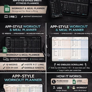 Op de afbeelding: Een digitale fitnessplanner met de tekst "12-WEEK WORKOUT TRACKER" en "APP-STYLE GOOGLE SHEETS FITNESS PLANNER." De afbeelding toont een tablet en smartphone met trainingsschema's. Inclusief een workout- en maaltijdplanner.