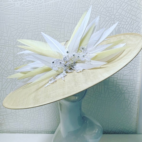 NEW Stunning ivory winged lace feather design saucer hat