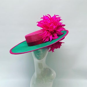 Stunning emerald green and pink boater perfect for Cheltenham ascot mother of the bride Melbourne cup Kentucky derby