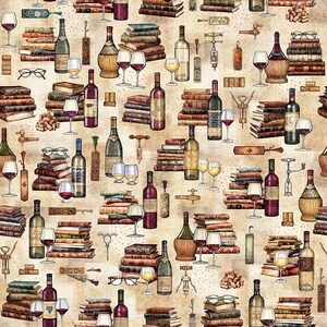May include: A repeating pattern fabric featuring illustrations of wine bottles, stacks of hardcover books, wine glasses, corkscrews, and spectacles on a light beige background. The design includes various bottle shapes, wine corks, and book spines.