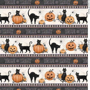 Peut inclure: Un motif de tissu répétitif représentant des chats noirs, des citrouilles d'Halloween orange et des toiles d'araignée sur fond clair, séparés par des bandes horizontales sombres avec le texte "TRICK OR TREAT" et des petites citrouilles.