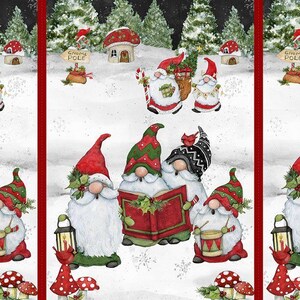 May include: A fabric panel featuring a repeating Christmas scene with gnomes in a snowy forest. The design includes gnomes singing from a red book, playing a drum, and holding a lantern. Text reads GNOME POLE on wooden signs near mushroom houses.
