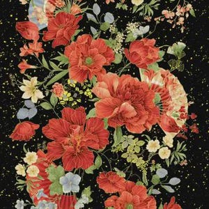 May include: A black fabric featuring a dense botanical pattern of large red peonies, smaller white and yellow blossoms, and green foliage. Interspersed among the flowers are several folding fans in shades of blue, red, and cream with gold speckles.