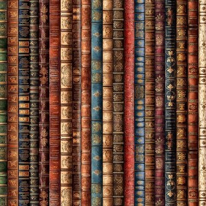 May include: A collection of vertical book spines arranged in a row, featuring a variety of colours including red, blue, brown, and cream. Each spine displays intricate gold-toned decorative patterns, embossed textures, and classic binding details.