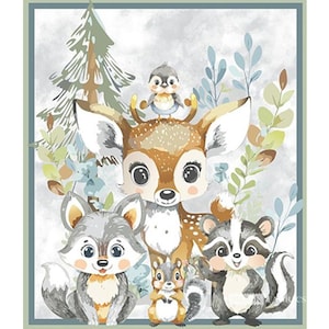 May include: A rectangular fabric panel featuring a watercolour illustration of a fawn, a fox, a raccoon, a squirrel, and a small bird. The animals are surrounded by stylised trees and foliage in shades of brown, grey, and muted green on a white background.