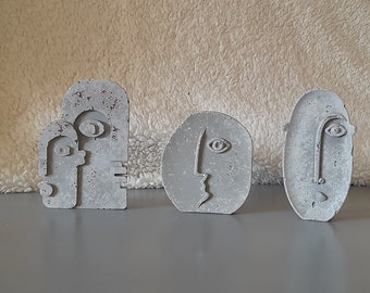 visages en beton, visages minimalistes fait main, tryptique de visages, statuette beton decorative, presse papiers, cadeau unique