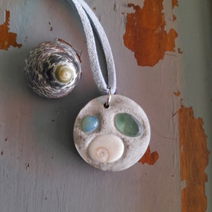 gift idea /concrete necklace/concrete shell pendant/St Lucie eye polished glass pendant/marine style concrete pendant