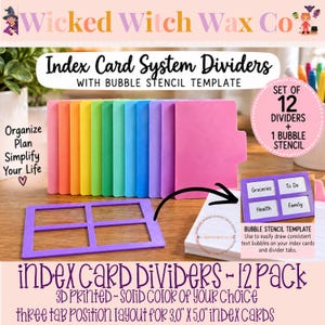 May include: A set of 12 rainbow-colored index card dividers for 3.0 inch by 5.0 inch cards, featuring a purple rectangular bubble stencil template. The dividers are arranged in a row, and the stencil is shown both flat and in use.