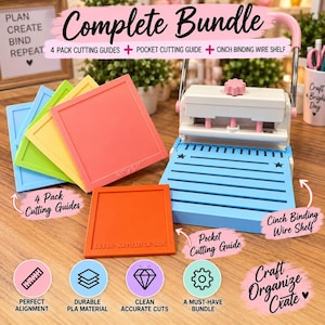 May include: A complete bundle featuring a white and pink binding machine with a blue wire shelf, four square cutting guides in blue, green, yellow, and coral, and one orange pocket cutting guide. The guides are labeled with dimensions 6.5 x 8.0.