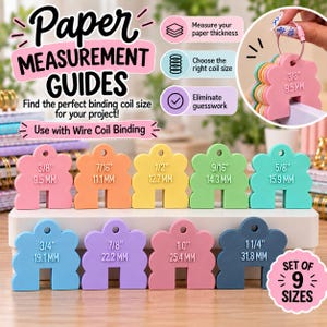 May include: A set of nine colourful, cloud-shaped plastic paper measurement guides for wire coil binding. Each piece is labelled with specific sizes ranging from 9.5 mm to 31.8 mm, designed to help determine paper thickness and coil size.
